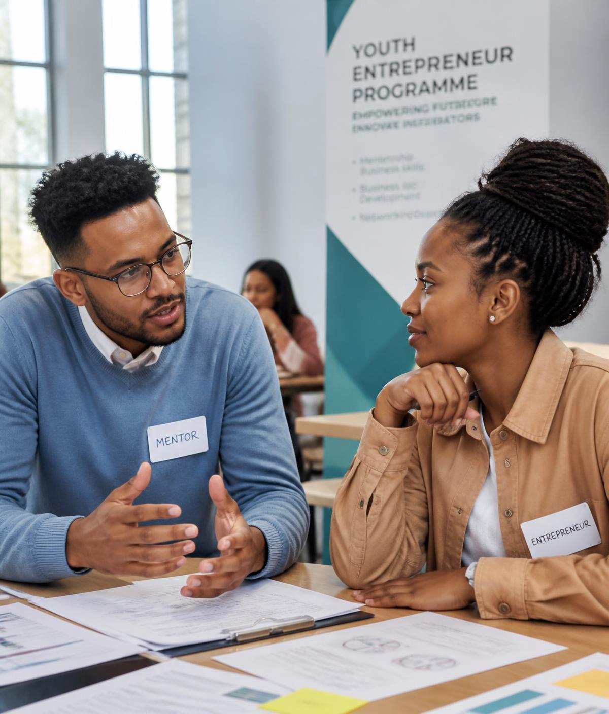A mentor guiding a young South African entrepreneur through a business plan