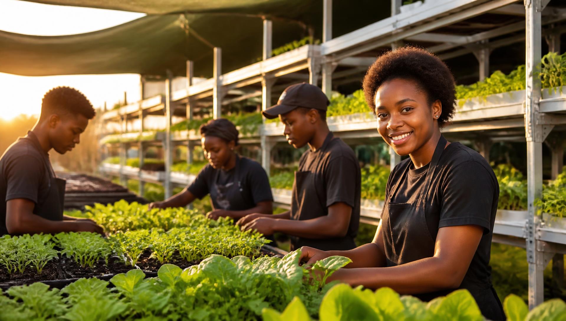 Young people tending seedlings in a community nursery at sunset